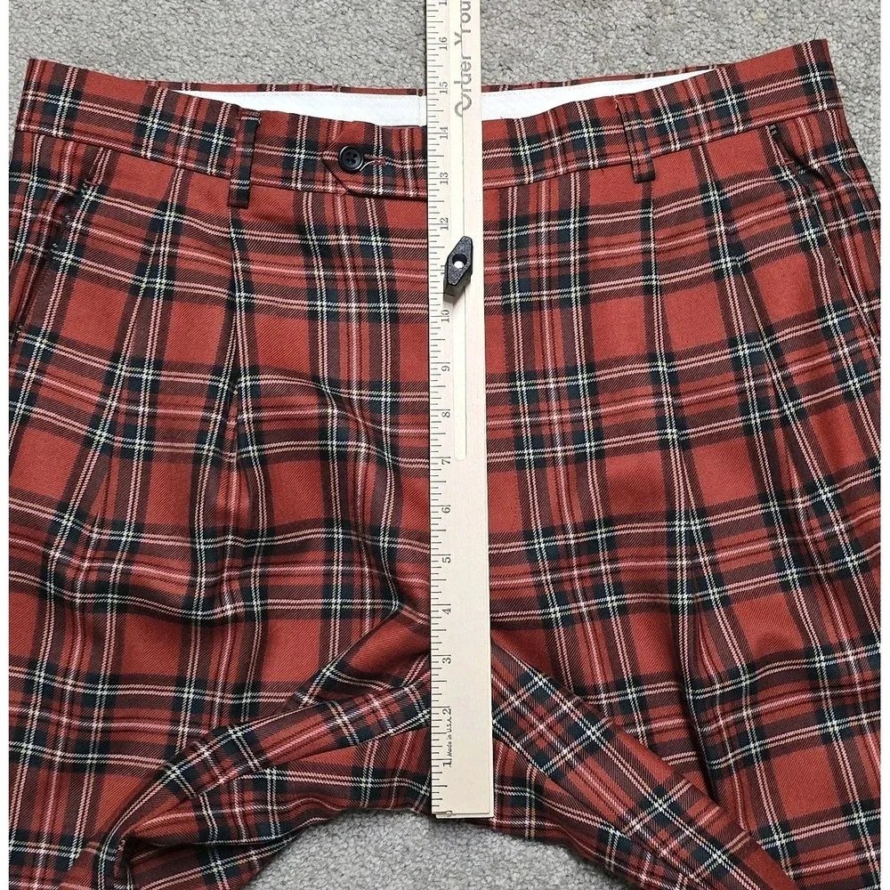 Paul Fredrick Vintage Red Tartan Plaid Wool Pants 35x32 Pleated Cuffed 80s